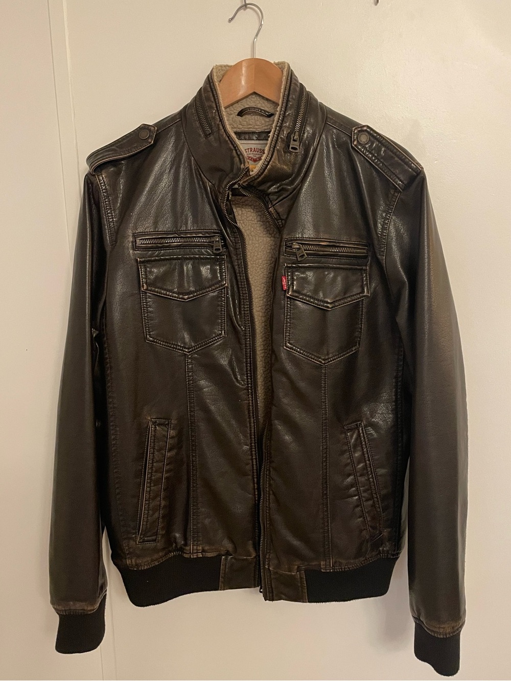Levi's Dark Brown Leather Aviator Bomber Jacket W/Sherpa lining Size M